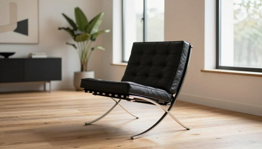 A sleek Barcelona chair designed by Mies van der Rohe sits elegantly in a modern, minimalist room. The chair's iconic tubular stainless steel frame glistens under soft, diffused natural light streaming through large windows, casting subtle shadows across the wooden floor. In the foreground, a plush leather seat in deep black contrasts beautifully with the warm tones of the space. The background features a tasteful arrangement of contemporary decor, including a potted plant and a simple, abstract painting on the wall. The overall atmosphere is sophisticated and inviting, reflecting timeless design principles. The scene conveys a sense of spaciousness and elegance, perfect for appreciating the craftsmanship of Decomica.com furniture replicas. A sleek Barcelona chair designed by Mies van der Rohe sits elegantly in a modern, minimalist room. The chair's iconic tubular stainless steel frame glistens under soft, diffused natural light streaming through large windows, casting subtle shadows across the wooden floor. In the foreground, a plush leather seat in deep black contrasts beautifully with the warm tones of the space. The background features a tasteful arrangement of contemporary decor, including a potted plant and a simple, abstract painting on the wall. The overall atmosphere is sophisticated and inviting, reflecting timeless design principles. The scene conveys a sense of spaciousness and elegance, perfect for appreciating the craftsmanship of Decomica.com furniture replicas.