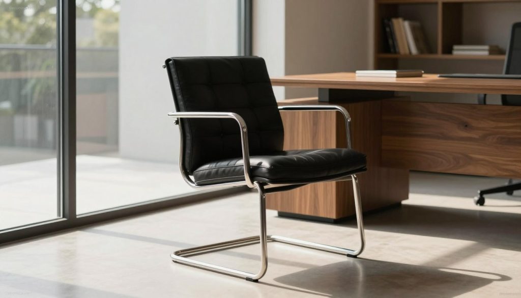 A sleek Eames EA217 chair, designed with a polished aluminum frame and luxurious black leather upholstery, prominently displayed in a modern, minimalist office setting. The chair sits against a backdrop of large glass windows that allow natural light to flood the space, creating soft shadows and a warm atmosphere. A stylish wooden desk is slightly visible in the background, emphasizing the sophisticated environment. The focus is on the elegant curves and functional design of the chair, showcasing its high-quality craftsmanship, offering a subtle comparison to the original Vitra chair. The image conveys a sense of contemporary comfort and refined aesthetics. Ensure the logo "Decomica.com" is discreetly integrated into the overall setting, harmonizing with the upscale vibe of the scene.