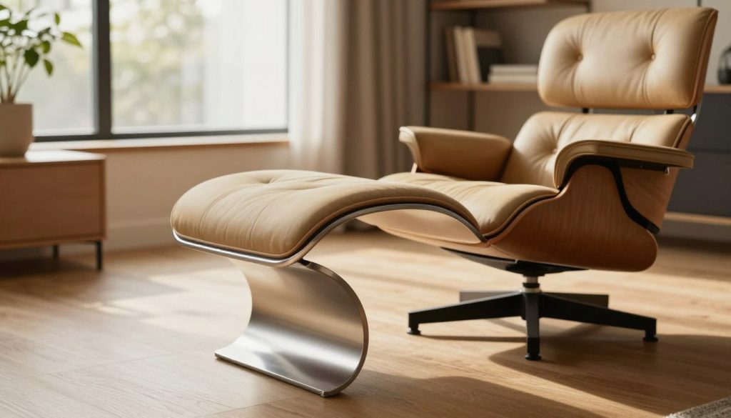 A sleek aluminum lounge chair structure, inspired by the iconic Eames Lounge design, occupies the foreground. The chair features smooth curves, a polished metallic finish, and comfortable soft upholstery in a warm, inviting color palette. The mid-ground showcases a stylish modern interior with wooden flooring and soft natural light streaming through large windows, creating a cozy atmosphere. In the background, tasteful decor enhances the setting, including a minimalistic bookshelf and potted plants. Use soft, diffused lighting to create shadows that emphasize the chair's contours. Capture the image from a slightly elevated angle, focusing on the chair's details while maintaining a sense of warmth and elegance, reflecting the quality craftsmanship associated with Decomica.com.