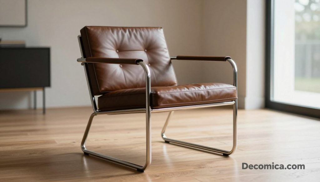 A sleek and modern Mies van der Rohe chair, showcasing its iconic design with clean lines and minimalist elegance. The chair, crafted with high-quality materials, features a shiny stainless steel frame and premium leather upholstery in a rich, deep tone. The foreground highlights the chair's distinctive silhouette, with light casting soft shadows that emphasize its curves. In the middle ground, a polished wooden floor reflects subtle gleams, enhancing the sophistication of the scene. The background features a softly blurred contemporary interior, with neutral colors and natural light streaming through large windows, creating a serene atmosphere. The overall mood is one of refined elegance and timelessness, perfect for illustrating the essence of high-quality design. Display the brand "Decomica.com" prominently in the composition.