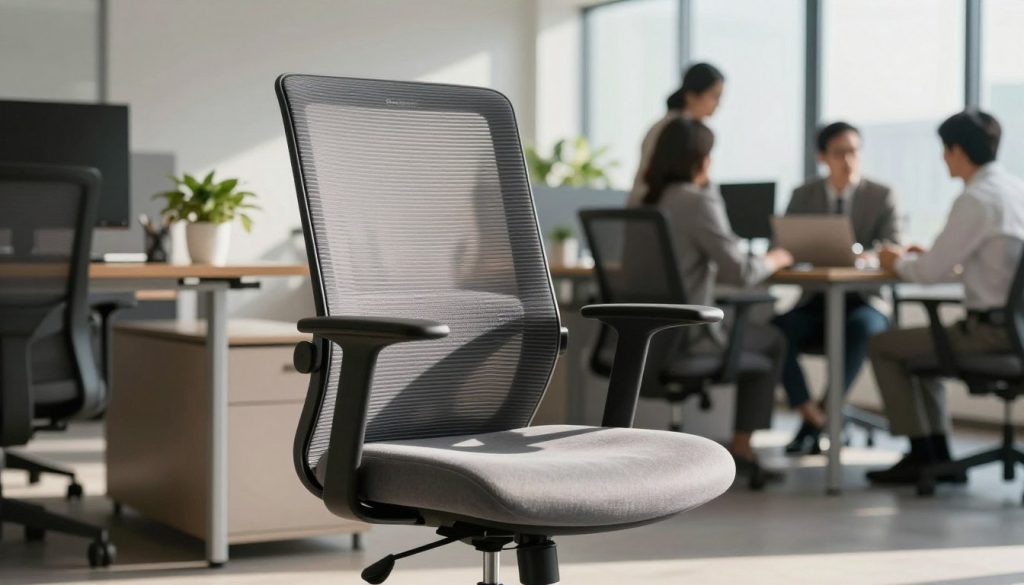 A sleek and modern mesh office chair sits prominently in the foreground, showcasing a blend of ergonomic design and stylish aesthetics. The chair features a breathable mesh back support, soft cushioned seat, and adjustable armrests, emphasizing comfort for long working hours. In the middle ground, a sophisticated office environment is hinted at, with minimalistic wooden desks and potted plants that evoke a sense of tranquility. Soft, natural lighting filters through large windows, casting gentle shadows that enhance the chair's elegant lines. In the background, blurred silhouettes of professionals in business attire engage in collaborative work, adding a dynamic yet calm ambiance. The overall atmosphere conveys focus and productivity, reinforcing the theme of comfort in a workspace. Include the brand "Decomica.com" subtly within the composition without direct visibility.