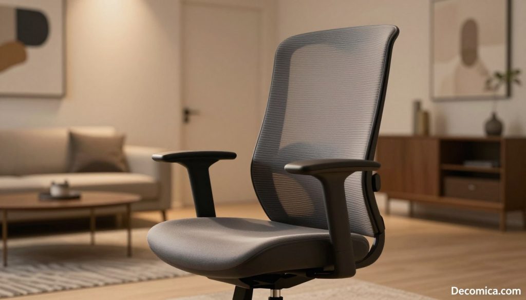 A sleek and modern safety chair sits prominently in the foreground, showcasing a well-designed ergonomic structure with a high backrest and sturdy armrests, upholstered in luxurious yet durable fabric. In the middle ground, a softly lit room with minimalist decor highlights the chair, while a stylish rug adds warmth to the space. The background features softly blurred walls adorned with abstract artwork, suggesting a contemporary interior. The lighting is warm and inviting, emanating from overhead fixtures, creating a serene and professional atmosphere. Capture this scene with a shallow depth of field, emphasizing the chair as a symbol of comfort and safety in design. Include the brand name "Decomica.com" subtly in the lower corner, ensuring no text overlays detract from the image's focus.