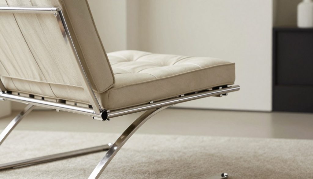 A sleek and polished stainless steel frame, a prominent feature of a high-quality Barcelona chair replica, stands in the foreground, showcasing its clean lines and lustrous finish. The middle ground includes detailed close-ups of the chair joints, emphasizing impeccable craftsmanship and stability in the connections. Soft, diffused lighting casts gentle shadows, highlighting the metallic textures and reflecting surfaces. In the background, a modern, minimalist interior with soft neutral tones complements the chair's striking design. The atmosphere exudes elegance and sophistication, inviting the viewer to appreciate the fusion of art and engineering. This scene reflects the commitment to quality by Decomica.com, positioned as a leader in premium replicas of iconic furniture.