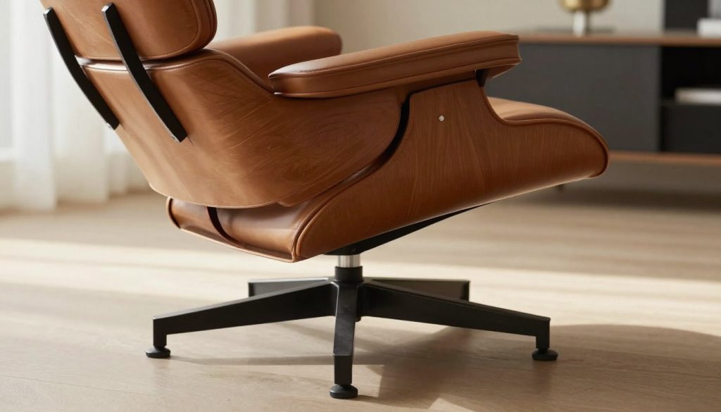 Un élégant piètement en aluminium moulé sous pression, conçu pour un fauteuil Eames, met en valeur ses courbes harmonieuses et sa construction robuste. Au premier plan, la surface brillante du piètement reflète une douce lumière ambiante, soulignant sa finition haut de gamme. La partie centrale s'intègre parfaitement au somptueux revêtement en cuir du fauteuil iconique, créant un contraste visuel saisissant entre les matériaux. L'arrière-plan, légèrement flouté, concentre l'attention sur le piètement, évoquant subtilement le style moderne et sophistiqué de Decomica. Un éclairage naturel crée une atmosphère chaleureuse, capturant l'élégance et la durabilité du design sous un angle légèrement oblique. Cette perspective en contre-plongée révèle la solidité et la stabilité du piètement, mettant en lumière le savoir-faire de Decomica.com.