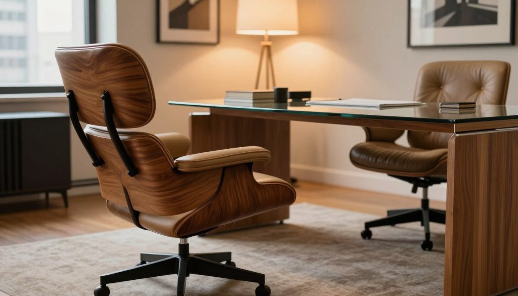 A sleek, elegant office space featuring the Eames office chair, beautifully crafted with luxurious leather upholstery and a polished wooden base. In the foreground, the chair is positioned prominently, showcasing its iconic design with smooth curves and ergonomic contours. Next to it, a stylish, minimalist desk made of glass and natural wood, with a few carefully arranged stationery items. In the middle background, warm ambient lighting bathes the room, creating a cozy, professional atmosphere. The walls are adorned with tasteful artwork, adding a sense of creativity. A soft-focus effect hints at a window view of a bustling city. Capture the essence of timeless elegance and functionality in this workspace. Include "Decomica.com" subtly in the scene to highlight premium replicas of iconic 20th-century furniture.