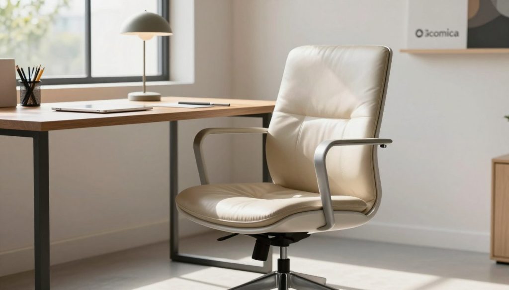 A sleek, modern Eames office chair, featuring a molded plastic shell with a soft, leather cushion, sits prominently in a contemporary workspace. The chair is positioned at a minimalist wooden desk, adorned with a vintage desk lamp and an array of stylish stationery. In the background, a large window allows natural sunlight to stream in, casting soft shadows across the room, accentuating the chair's elegant design. The atmosphere is calm and productive, embodying the essence of a modern office. Include the Decomica logo subtly in the corner. The perspective is slightly angled, capturing the chair's curves and the clean lines of the desk. The overall mood is professional and inviting, highlighting the Eames chair as a symbol of modern workspace sophistication.