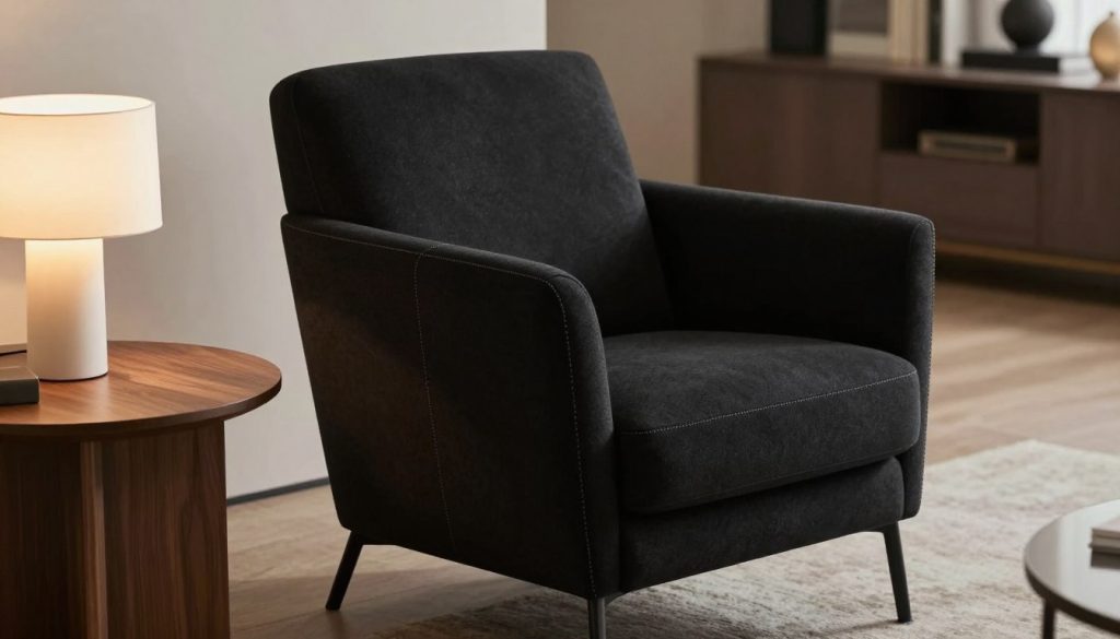 A sleek, modern armchair designed by Decomica, showcasing high-quality black material with a luxurious texture. The foreground features the armchair with its elegant curves and meticulous stitching, spotlighted to emphasize its craftsmanship. In the middle ground, a small table made of polished wood complements the chair, adorned with a stylish minimalist lamp casting warm, soft light. The background subtly features a stylishly decorated living room with neutral colors and ambient lighting, enhancing the focus on the armchair as the centerpiece. Capture the mood of sophistication and comfort, showcasing the essence of premium design while maintaining an inviting atmosphere. Use a slightly elevated angle to portray the chair dynamically, ensuring a clear view of its quality materials.