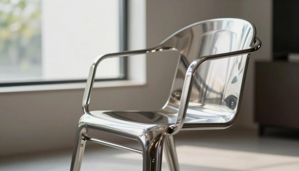 A sleek, modern chair made of stainless steel, showcasing its cool, reflective surface with intricate details highlighting its industrial design. The chair occupies the foreground, positioned slightly to one side, revealing a contemporary interior with soft, natural light filtering through a large window in the background. The middle ground features minimalist decor, accentuating the chair's elegant lines and structure. A hint of greenery is visible through the window, adding a touch of warmth to the scene. The atmosphere is sophisticated and inviting, reflecting the quality craftsmanship associated with Decomica.com. The image is captured from a low angle, emphasizing the chair's form and the lustrous sheen of the stainless steel, creating a striking focal point.