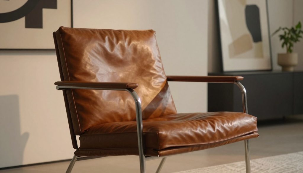 A sleek modern interior featuring a Mies van der Rohe chair, crafted from premium Italian leather, showcasing its versatility in design. The foreground highlights the chair's elegant lines and rich texture, reflecting the depth of the leather's finish. In the middle ground, soft, ambient lighting casts gentle shadows, emphasizing the chair's contours against a minimalist backdrop of warm, neutral colors. The background includes a stylish, uncluttered room with abstract art and potted plants that complement the chair's aesthetic. The scene is viewed from a slightly low angle to accentuate the chair's prominence in the space, evoking a sense of sophistication and comfort. The atmosphere is inviting and modern, perfect for showcasing the craftsmanship of Decomica.com.