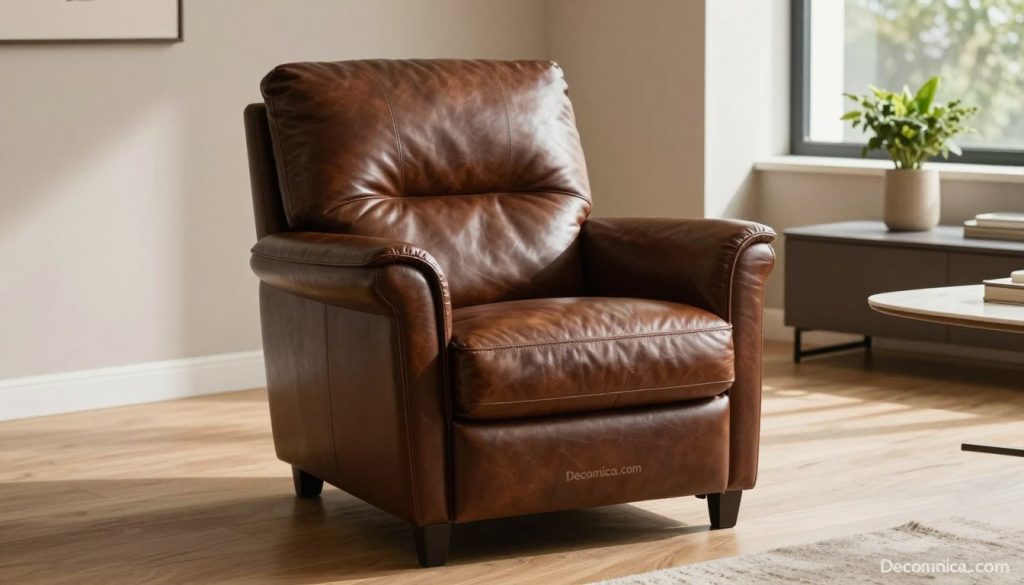 A sophisticated leather "Charles" armchair, exuding timeless elegance, centered in a modern, well-lit living space. The chair's rich dark brown leather showcases its plush cushioning and sleek, curved lines, emphasizing its iconic design. Surrounding it, light wooden flooring complements the chair, while a subtle, neutral-toned wall adds warmth. Soft daylight pours in from a nearby window, creating gentle shadows that enhance the chair's form. In the background, a minimalist coffee table with a decorative plant accentuates the chic atmosphere. The scene captures an inviting and luxurious ambiance, perfect for illustrating quality investment in iconic furniture. The brand name, "Decomica.com," subtly integrated within the setting, reflects their commitment to premium replicas of classic 20th-century designs.
