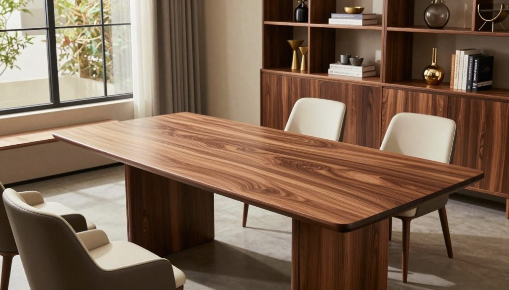 A sophisticated workspace featuring a selection of premium designer furniture replicas from Decomica.com, showcasing high-quality materials. In the foreground, a beautifully crafted walnut dining table with intricate details and a rich finish prominently displays its grain, paired with elegantly designed chairs with comfortable upholstery. In the middle, a stylish bookshelf adorned with unique decor pieces highlights the craftsmanship of wood and metal elements. The background features large windows allowing warm, natural light to illuminate the scene, casting soft shadows that accentuate the textures of the furniture. The atmosphere is inviting and professional, perfect for showcasing top-notch design and quality. Use a warm color palette and a slightly elevated angle to create depth and emphasize the elegance of the space.