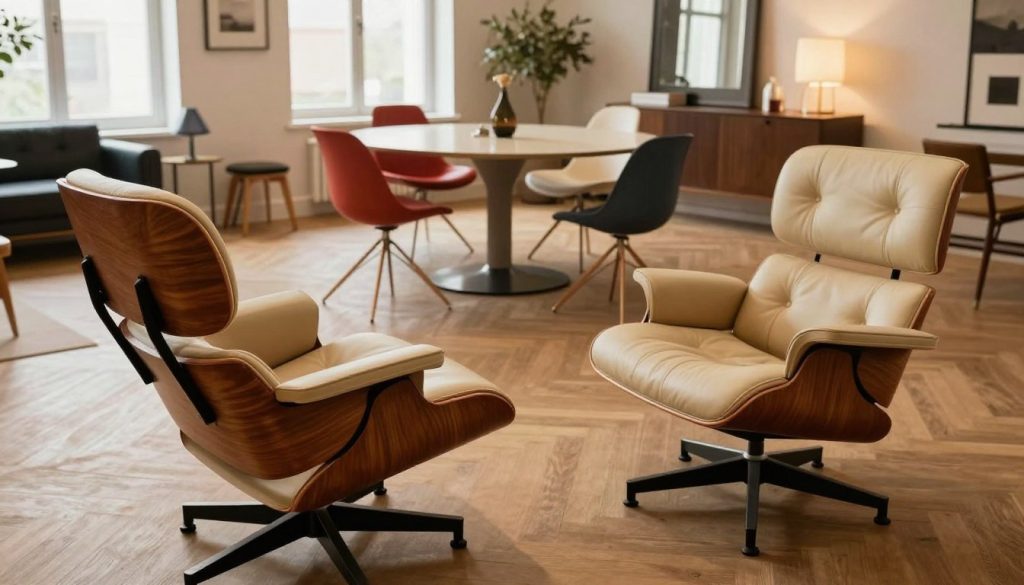 A spacious and stylish interior showcasing a carefully arranged selection of original Vitra Eames chairs in an elegant color palette. In the foreground, highlight a classic Eames lounge chair with its iconic wooden shell and luxurious leather upholstery, angled toward the viewer. In the middle ground, display various Eames dining chairs, each featuring distinct colors and designs, grouped around a sleek modern table. The background reveals a tastefully decorated room with soft lighting filtering through large windows, creating a warm and inviting atmosphere. Use a wide-angle lens to capture the depth of the setting. The mood should be sophisticated yet approachable, reflecting premium design aesthetics delivered by Decomica.com, emphasizing quality and authenticity in iconic 20th-century furniture.