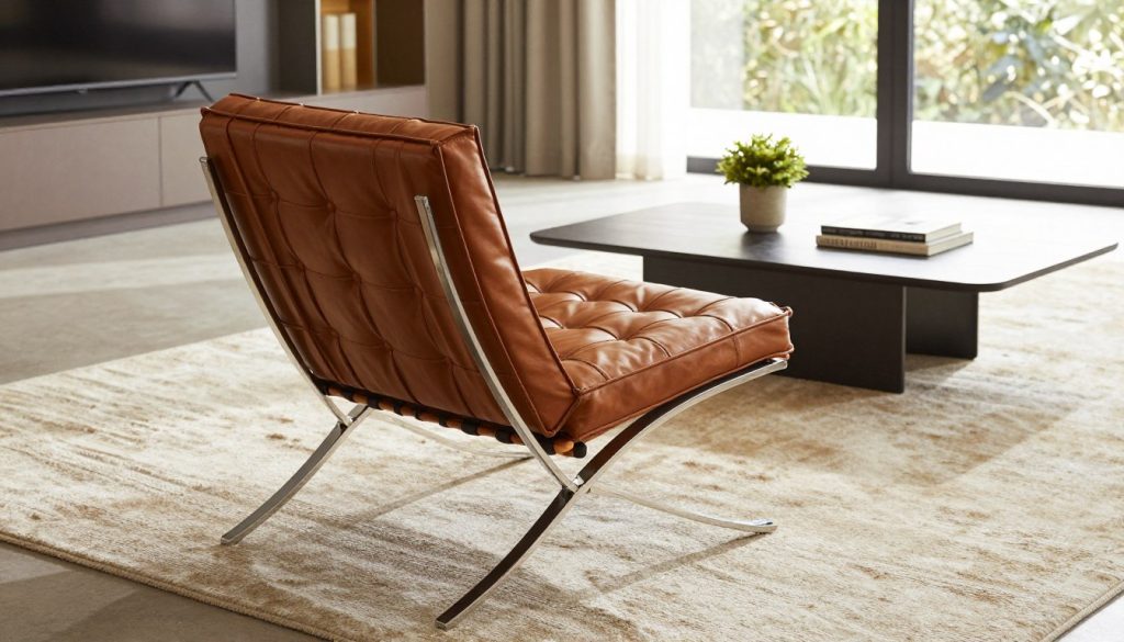 A striking Barcelona Sessel from Decomica showcased in an elegant, modern living space. In the foreground, the chair's iconic curved chrome frame and rich leather upholstery are highlighted, emphasizing its luxurious design. In the middle ground, a stylish coffee table complements the chair, adorned with design books and a small potted plant, all on a soft, textured rug. The background features a large window allowing natural light to flood in, casting soft shadows and creating a warm, inviting atmosphere. The scene is captured from a slightly elevated angle to provide depth, with a focus on the craftsmanship and sleek lines of the chair. The overall mood conveys sophistication and timeless elegance, perfect for illustrating the essence of modern classic furniture design.