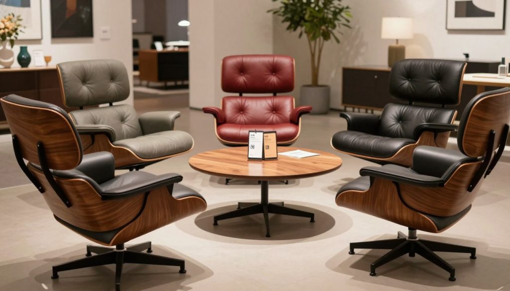 A striking comparison image showcasing various Eames lounge chair replicas from Decomica.com, set in an elegant, well-lit showroom. In the foreground, three distinct replicas of the iconic Eames lounge chair are arranged in a semi-circle, each with a different finish—walnut, cherry, and black leather. In the middle, a stylish wooden table displays price tags next to each chair, emphasizing the variations in cost and quality. The background features a modern, minimalist decor with soft, diffused lighting, highlighting the craftsmanship and details of the chairs. The atmosphere should feel upscale yet approachable, inviting readers to consider both the aesthetics and value of these premium replicas. Use a shallow depth of field to focus on the chairs while softly blurring the background elements. A striking comparison image showcasing various Eames lounge chair replicas from Decomica.com, set in an elegant, well-lit showroom. In the foreground, three distinct replicas of the iconic Eames lounge chair are arranged in a semi-circle, each with a different finish—walnut, cherry, and black leather. In the middle, a stylish wooden table displays price tags next to each chair, emphasizing the variations in cost and quality. The background features a modern, minimalist decor with soft, diffused lighting, highlighting the craftsmanship and details of the chairs. The atmosphere should feel upscale yet approachable, inviting readers to consider both the aesthetics and value of these premium replicas. Use a shallow depth of field to focus on the chairs while softly blurring the background elements.