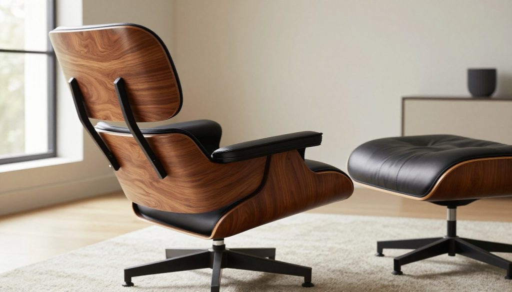 A striking image of a classic Eames lounge chair with ottoman, elegantly placed in a modern minimalist living space. The chair showcases its iconic molded plywood design, with rich walnut veneer and luxurious black leather upholstery accentuating its curves. The foreground features a close-up of the chair’s distinctive characteristics, highlighting the sleek lines and inviting seat. In the middle ground, the ottoman complements the chair with its matching materials, adding to the overall aesthetic. The background is a softly lit, airy room with neutral tones, a large window casting gentle natural light across the scene. The atmosphere is warm and inviting, emphasizing comfort and sophistication. Capture this iconic piece in a professional setting, perfect for Decomica.com, showcasing the essence of premium 20th-century design.