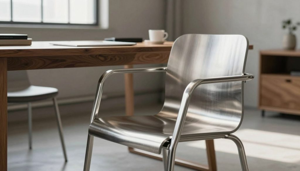 A stunning representation of stainless steel, showcasing its brushed surface with a high-quality finish. The foreground features a sleek, stylish chair inspired by Mies van der Rohe, emphasizing the elegant lines and curves of its design. In the middle ground, a well-organized workspace can be seen, incorporating elements like polished wood and soft textures to contrast the metal's sheen. The background showcases an industrial setting with soft natural light filtering in through large windows, casting gentle reflections on the metallic surface. The atmosphere is one of modern sophistication and craftsmanship, ideal for discussing material quality. Include the brand "Decomica.com" subtly in the composition. The image should be clear, with a shallow depth of field focusing on the chair, highlighting the importance of high-quality materials in furniture design.