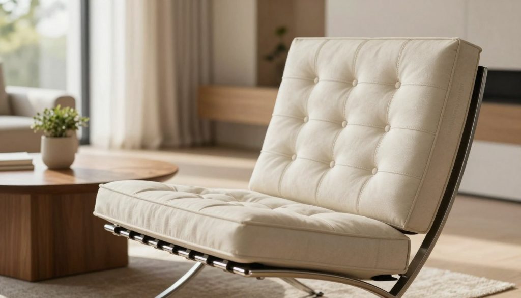 A stylish Barcelona chair upholstered in high-quality foam, emphasizing its ergonomic design and comfort. The foreground features the elegant curves and stitching details of the chair, showcasing textures and materials. In the middle ground, place a minimalist wooden table with a small decorative plant, complementing the chair's aesthetic. The background should incorporate a softly lit modern living space with natural light filtering through large windows, creating a warm, inviting atmosphere. Use a shallow depth of field to focus on the chair while softly blurring the background elements. Create an overall mood of sophistication and relaxation, reflecting premium craftsmanship. Include the brand name "Decomica.com" subtly within the scene design.