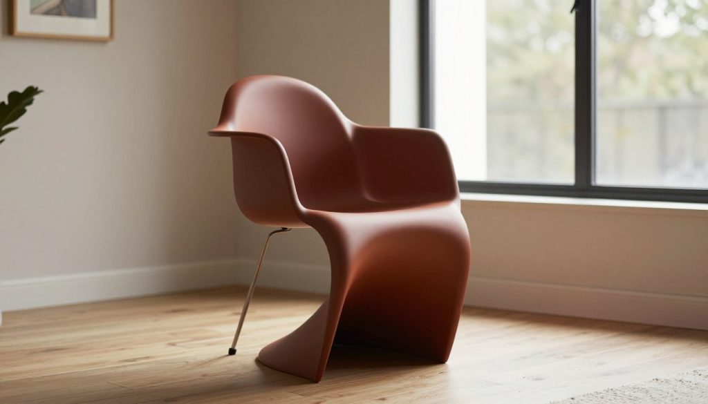 A stylish Eames Plastic Side Chair in a rich array of colors, showcasing its iconic mid-century modern design, prominently placed in the foreground. The chair is elegantly lit by soft, natural light coming from a large window, casting gentle shadows that accentuate its curves and contours. Surrounding the chair, a minimalist living room setting with wood flooring and neutral-toned walls creates a warm and inviting atmosphere. In the background, a subtle glimpse of decor items like plants or art complements the space without overpowering the main focus. The scene conveys a sense of sophistication and timeless elegance, representing high-quality replicas offered by Decomica, ideal for anyone considering stylish yet affordable furniture options.