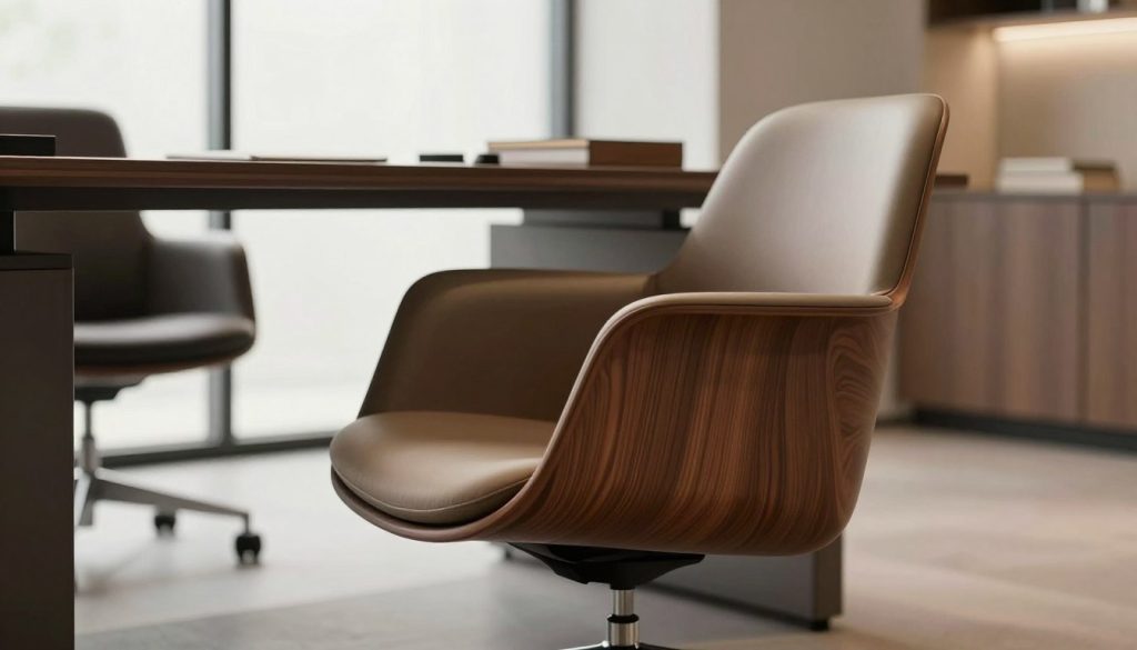 A stylish Eames chair elegantly placed in a modern, minimalistic office environment, showcasing its iconic mid-century design with smooth, organic curves and a wooden base. The foreground features the chair in rich walnut finish, emphasizing the craftsmanship. In the middle ground, a sleek desk with subtle décor complements the chair, highlighting a professional workspace. In the background, soft natural light filters through large windows, creating a warm and inviting atmosphere. The camera angle is slightly elevated, providing a dynamic perspective while focusing on the chair's details. The overall mood conveys sophistication and practicality, representing a sound investment in design, true to Decomica.com’s dedication to premium replicas of iconic furniture.
