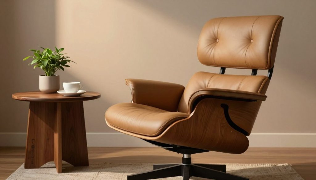A stylish Eames fauteuil replica, elegantly positioned in a modern interior setting. The chair features a sleek, molded plywood frame with soft leather upholstery, showcasing its ergonomic design. The foreground captures the chair with a slight angle, emphasizing its curves and comfort. In the middle ground, a chic wooden side table complements the chair, adorned with a minimalist plant and a coffee cup, creating a cozy atmosphere. The background features a warm, neutral-toned wall with soft, ambient lighting casting gentle shadows, highlighting the chair's details. The mood is inviting and sophisticated, perfect for illustrating a section on maintenance for lasting comfort. Utilize high-resolution detailing, with a focus on texture. Include the brand name "Decomica.com" subtly, ensuring no text overlays or watermarks disrupt the visual.