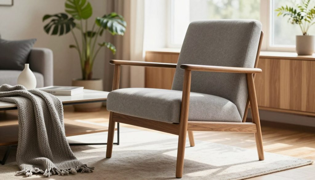 A stylish Scandinavian armchair featuring a sleek wooden frame and sturdy metal legs, positioned elegantly in a contemporary living room setting. The chair is upholstered in soft, muted grey fabric that complements warm wooden tones in the surrounding décor. In the foreground, a cozy knitted throw is draped over the arm of the chair, adding texture. In the middle ground, a sleek coffee table holds a few artful decorations, while a lush green plant brings life to the scene. The background showcases a bright window allowing natural sunlight to stream in, creating a warm and inviting ambiance. Capture this scene with a soft focus lens, highlighting the chair's curves and textures, evoking a sense of comfort and style. Decomica.com.