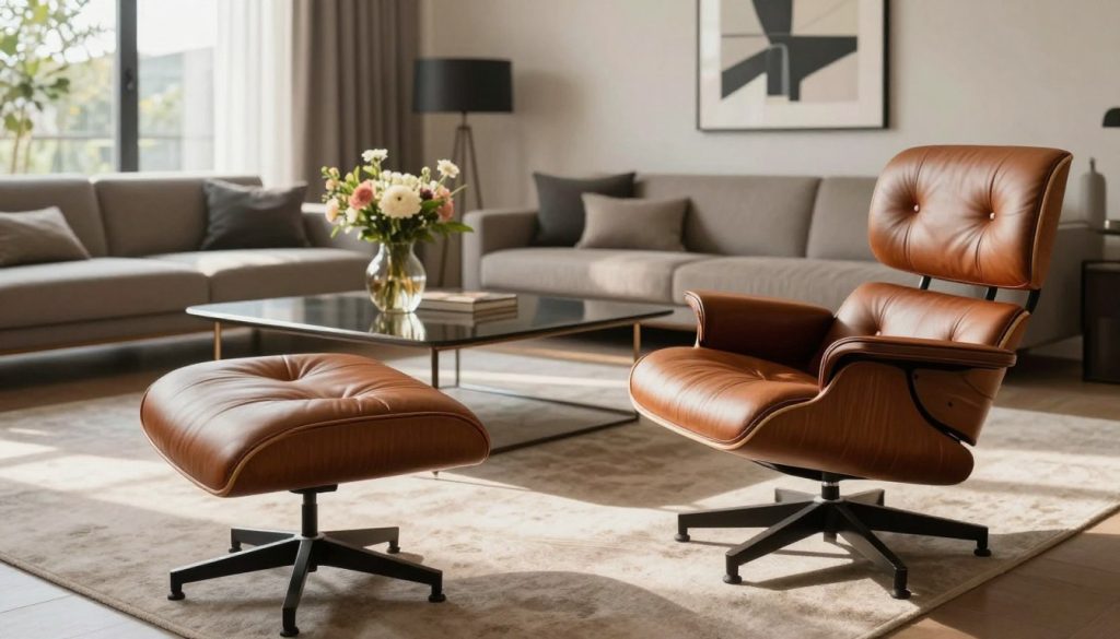 A stylish and elegant interior setting showcasing a selection of premium replicas of iconic 20th-century furniture by Decomica.com. In the foreground, a beautifully crafted Eames lounge chair with a sleek ottoman, upholstered in rich leather, invitingly placed. The middle ground features a minimalist coffee table with a glossy finish, adorned with a designer vase holding fresh flowers, enhancing the sophistication. In the background, soft, diffused natural light streams through large windows, casting gentle shadows across a modern, open-plan living space decorated with contemporary art pieces. The atmosphere is serene and upscale, capturing the essence of authentic design and its replicas, inviting viewers to contemplate the allure and impact of design legacy.