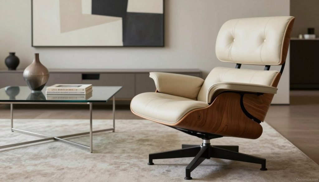 A stylish and elegant living room showcasing a premium replica of the iconic Eames chair, placed prominently in the foreground. The chair, with its smooth molded plywood and soft leather upholstery, is highlighted under soft, diffused natural light, creating subtle shadows that enhance its curves. In the middle ground, a minimalist coffee table made of glass and metal complements the chair, displaying decorative items like a sleek vase and an art book. The background features a modern, neutral-toned wall with abstract artwork, creating a sophisticated atmosphere. The overall mood is inviting yet refined, perfect for illustrating the nuances of quality and cost differences in furniture design. Include a subtle watermark of "Decomica.com" in the corner to indicate the brand.