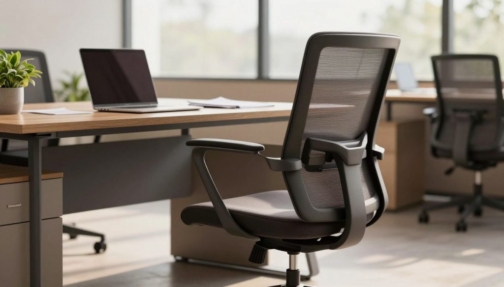 A stylish and sophisticated office environment featuring a sleek Eames office chair by Decomica, prominently displayed in the foreground. The chair is crafted from high-quality materials with iconic curves and an ergonomic design, showcasing its premium replica quality. In the middle ground, a modern wooden desk is adorned with a laptop, paperwork, and a small plant, emphasizing an organized workspace. The background reveals a serene office space with large windows allowing soft, natural light to flood in, creating a warm and inviting atmosphere. Use a shallow depth of field to softly blur the background, drawing focus to the chair. The mood is professional yet approachable, perfect for illustrative purposes in a business context. No text or watermarks are present.