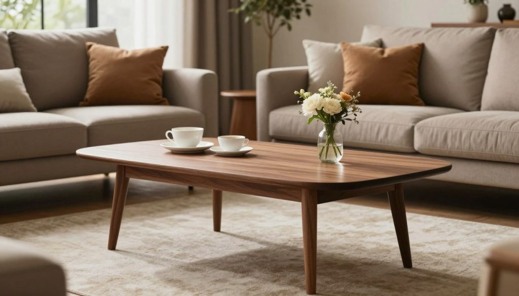A stylish coffee table, designed in a mid-century modern aesthetic, made from high-quality wood with a smooth finish and elegant, tapered legs. In the foreground, the table is adorned with a tastefully arranged coffee set and a small vase of fresh flowers, exuding a welcoming ambiance. In the middle, a cozy living room setting showcases a plush sofa, layered throw pillows, and a soft area rug, creating a warm and inviting atmosphere for relaxation. In the background, large windows bathe the space in natural light, emphasizing the rich textures and colors of the furniture. The scene is captured with a soft depth of field using a 50mm lens, conveying a comfortable and sophisticated feel. Ideal for illustrating Decomica.com’s premium replicas of iconic pieces.