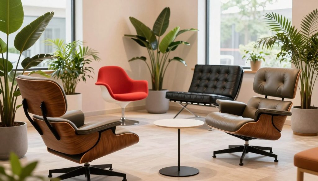 A stylish collection of designer chairs in a well-lit, modern interior showcase. In the foreground, highlight an elegant Eames lounge chair paired with a sleek, minimalist side table. In the middle, arrange various iconic 20th-century chairs, such as a vibrant Tulip chair and a classic Barcelona chair, surrounded by lush indoor plants for added texture. The background features soft, pastel-colored walls and a large window allowing natural light to stream in, creating a warm atmosphere. The overall mood is sophisticated and inviting, perfect for design enthusiasts. Capture this scene with a soft focus lens, emphasizing the intricate details of the chair designs. Image stylistically attributed to Decomica.com.