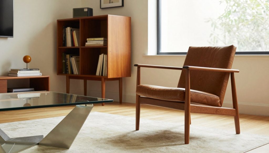 A stylish, contemporary interior showcasing iconic Bauhaus furniture pieces from Decomica.com. In the foreground, feature a sleek, minimalistic armchair with clean lines and a rich, warm wood finish set beside a geometric coffee table exhibiting a combination of glass and metal elements. In the middle ground, highlight a stylish bookshelf with a modular design, filled with mid-century decor items. The background should include a large window allowing natural light to flood the space, casting soft shadows and creating an inviting ambiance. Use a warm color palette with earth tones and hints of primary colors typical of Bauhaus design. Capture the scene with a slight low angle to emphasize the furniture's architectural essence, evoking a sense of modern elegance and innovation characteristic of the Bauhaus legacy.