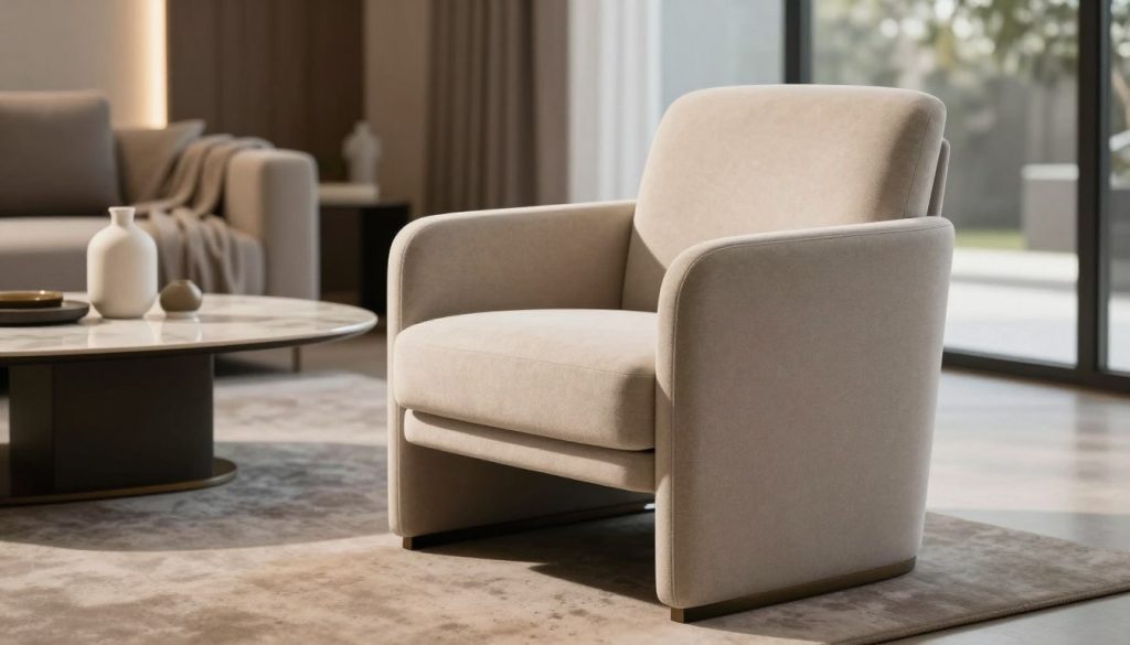 A stylish designer armchair is showcased in a modern living room setting, emphasizing quality craftsmanship and contemporary style. The armchair, upholstered in soft, high-quality fabric, features an ergonomic design with elegant curves and a sleek silhouette. In the foreground, the chair is positioned prominently, allowing viewers to appreciate its detail. The middle ground includes a stylish coffee table adorned with a minimalist vase and a soft throw draped over the armchair. In the background, a warm-lit environment creates an inviting atmosphere, with soft natural light filtering through large windows, casting gentle shadows. The overall mood is sophisticated yet approachable, capturing the essence of premium yet affordable design. Highlight that this armchair is a product from Decomica.com.
