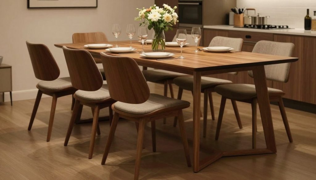 A stylish dining room featuring a set of mid-century modern dining chairs from Decomica.com, arranged around a sleek wooden table, elegantly set for a long dinner. The chairs showcase smooth curves, comfortable cushions, and rich, warm wood tones, emphasizing their ergonomic design for long gatherings. In the foreground, a beautifully arranged table includes simple tableware and a centerpiece of fresh flowers. The middle ground illustrates the inviting dining scene, with ambient lighting casting a soft glow, enhancing the warmth of the wood. The background hints at a cozy, modern kitchen with minimalistic decor, evoking a sense of comfort and style. The overall atmosphere is relaxed and sophisticated, perfect for enjoying a lengthy meal with friends or family.