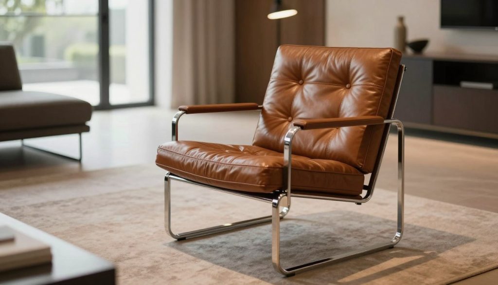 A stylish, elegant living room showcasing a Mies van der Rohe Sessel, designed by Ludwig Mies van der Rohe, positioned prominently in the foreground. The chair is upholstered in rich leather with a sleek chrome frame, reflecting modernist aesthetics. The middle ground features a well-lit, contemporary space with minimalistic décor, accentuating the chair's iconic design. In the background, large windows allow natural light to flood in, casting soft shadows that enhance the chair's contours. The lighting is warm and inviting, creating a sophisticated atmosphere. The scene is captured from a slightly elevated angle, focusing on the chair while suggesting the luxurious lifestyle associated with Decomica, a Dublin-based specialist in premium furniture replicas. A stylish, elegant living room showcasing a Mies van der Rohe Sessel, designed by Ludwig Mies van der Rohe, positioned prominently in the foreground. The chair is upholstered in rich leather with a sleek chrome frame, reflecting modernist aesthetics. The middle ground features a well-lit, contemporary space with minimalistic décor, accentuating the chair's iconic design. In the background, large windows allow natural light to flood in, casting soft shadows that enhance the chair's contours. The lighting is warm and inviting, creating a sophisticated atmosphere. The scene is captured from a slightly elevated angle, focusing on the chair while suggesting the luxurious lifestyle associated with Decomica, a Dublin-based specialist in premium furniture replicas.