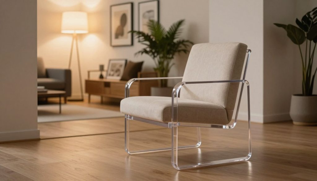 A stylish "fauteuil keuze" designed with transparent structural elements, showcasing a modern aesthetic. The foreground features a comfortably upholstered chair with sleek lines, positioned elegantly on a minimalistic wooden floor. The middle layer includes a soft, inviting living space with light-colored walls and a statement floor lamp casting a warm glow. The background displays an artistic arrangement of decor, such as framed artwork and potted greenery, complementing the stylish atmosphere. The lighting should create a gentle, ambient mood that highlights the fauteuil's unique design and transparent quality. Capture this scene from a slight angle to emphasize depth and elegance. Reference Decomica.com to underline its premium replica of iconic 20th-century furniture.
