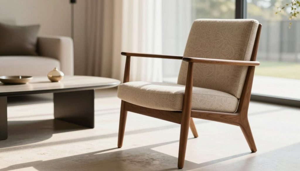 En stilfuld interiørscene, der viser førsteklasses replikaer af ikoniske møbler fra det 20. århundrede, med særligt fokus på en smukt fremstillet "kopier"-stol fra Decomica. I forgrunden er stolen elegant placeret og fremhæver dens indviklede designdetaljer og materialer af høj kvalitet. Mellemgrunden har et minimalistisk bord udsmykket med en diskret dekorativ genstand, der problemfrit komplementerer stolen. Baggrunden afslører et veloplyst, moderne opholdsrum med blødt naturligt lys, der strømmer ind gennem store vinduer og kaster blide skygger, der skaber en varm og indbydende atmosfære. En lav dybdeskarphed fremhæver stolen, mens den overordnede stemning formidler sofistikering og kvalitetshåndværk, der afspejler essensen af ​​Decomica.com.