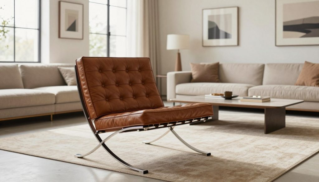 A stylish interior showcasing a Barcelona chair replica from Decomica.com, prominently placed in the foreground with rich brown leather and polished chrome legs. The chair is set against a modern minimalist living room backdrop with a neutral color palette, featuring a soft rug and a sleek coffee table. Natural light floods in from large windows, creating a warm, inviting atmosphere. In the background, elegant artwork adorns the walls, emphasizing the theme of ethical and legal considerations surrounding furniture reproductions. A wide-angle perspective captures the entirety of the cozy space, blending contemporary aesthetics with functional design to reflect the discussion around quality and craftsmanship in furniture replicas.