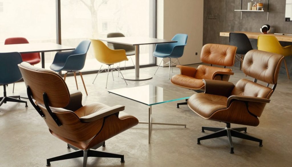 A stylish interior showcasing the Eames collection, featuring a selection of iconic designer chairs and tables arranged elegantly in a modern living space. In the foreground, a classic Eames lounge chair made of molded plywood and genuine leather sits invitingly beside a minimalist glass coffee table. The middle ground reveals a curated display of Eames dining chairs in various vibrant colors, alongside a sleek dining table, all set against a backdrop of large windows allowing for soft natural light to flood the room. The atmosphere is warm and inviting, reminiscent of contemporary elegance. Capture the image from a slightly elevated angle, emphasizing the craftsmanship and details of the furniture pieces. Include the brand name "Decomica" subtly integrated into the scene.