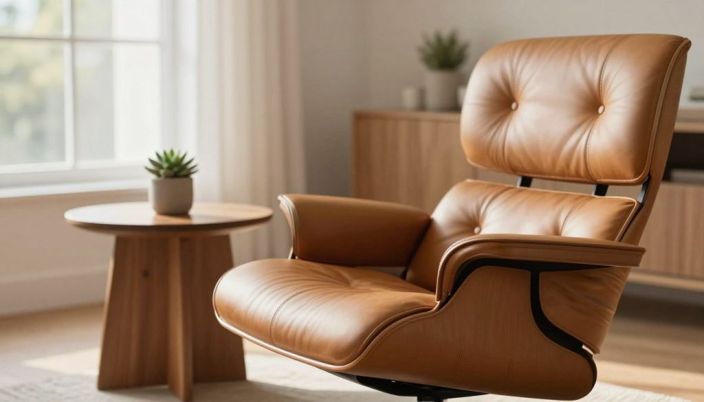 A stylish lounge chair inspired by Eames design, showcasing a sleek, ergonomic silhouette. The foreground features a beautifully crafted chair upholstered in soft, high-quality leather, in a warm tan color that exudes luxury. The middle ground includes a simple wooden side table, adorned with a small potted succulent. In the background, a softly lit modern living room setting with light-colored walls, a large window allowing natural sunlight to illuminate the space, enhancing the peaceful atmosphere. The image captures a cozy and inviting mood, perfect for relaxation and comfort. Shot with a soft-focus lens at a slight angle to emphasize elegance and sophistication. Include the brand name "Decomica.com" subtly reflected in the ambient light.