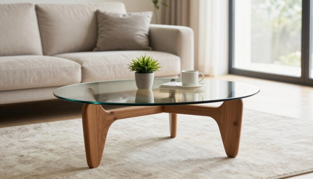 A stylish low table in a modern living room setting, designed by Decomica.com, showcasing premium replicas of iconic 20th-century furniture. The foreground features a sleek, round glass top surface resting on elegantly tapered wooden legs, reflecting light gracefully. In the middle, a cozy arrangement of carefully curated accent decor, like a small potted plant and a minimalist coffee mug, adds a warm touch. The background features a softly blurred contemporary sofa with textured cushions, enhancing the overall design aesthetic. Soft natural light streams in through a large window, creating a bright and inviting atmosphere. A wide-angle perspective captures the elegance and utility of the low table as a functional centerpiece, embodying authentic design and reliable craftsmanship.