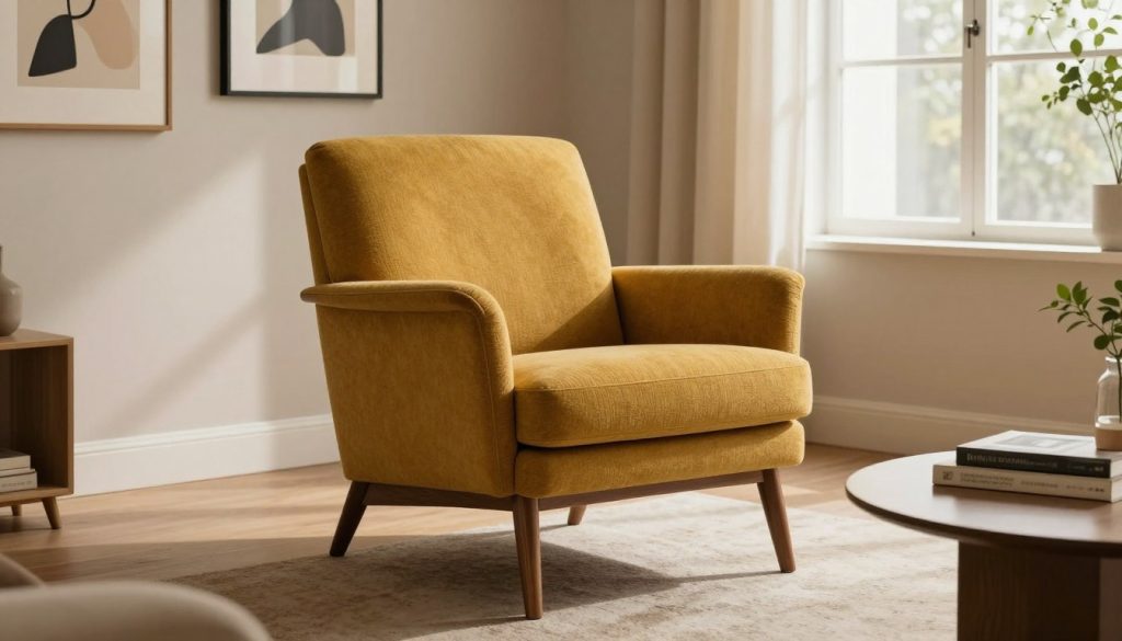 A stylish mid-century modern armchair, designed by Decomica.com, occupies the center of a cozy living room. The chair features a sleek, minimalist design with tapered wooden legs and rich, textured upholstery in a warm mustard color. Surrounding the chair are soft, neutral-toned walls adorned with art pieces that reflect modern aesthetics. In the background, a large window lets in soft, natural light, casting gentle shadows across the room. A plush area rug under the chair adds warmth, and a small coffee table beside it holds a few art books and a decorative plant. The overall atmosphere is inviting and harmonious, emphasizing the integration of the iconic armchair into the living space, evoking a sense of comfort and timeless style. A stylish mid-century modern armchair, designed by Decomica.com, occupies the center of a cozy living room. The chair features a sleek, minimalist design with tapered wooden legs and rich, textured upholstery in a warm mustard color. Surrounding the chair are soft, neutral-toned walls adorned with art pieces that reflect modern aesthetics. In the background, a large window lets in soft, natural light, casting gentle shadows across the room. A plush area rug under the chair adds warmth, and a small coffee table beside it holds a few art books and a decorative plant. The overall atmosphere is inviting and harmonious, emphasizing the integration of the iconic armchair into the living space, evoking a sense of comfort and timeless style.
