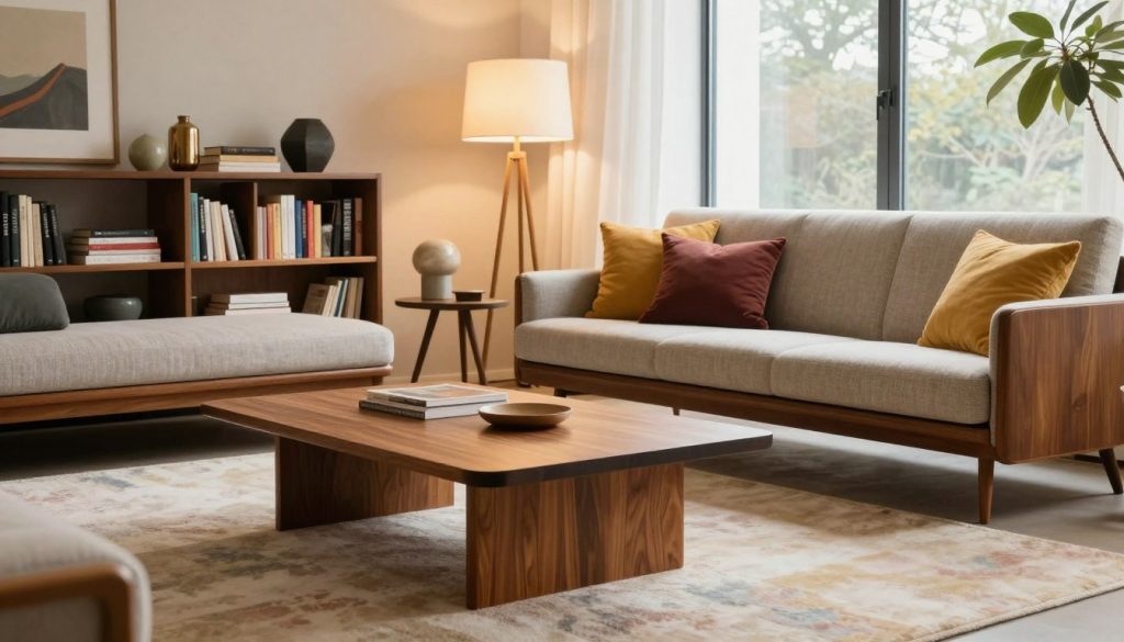 A stylish mid-century modern living room featuring iconic furniture pieces from Decomica.com. The foreground displays a sleek wooden coffee table with elegant geometric shapes, complemented by a plush, pastel-colored area rug. On one side, a vintage sofa with clean lines and tapered legs showcases neutral upholstery, adorned with vibrant throw pillows. The middle background features a curated bookshelf filled with books and decorative items, while a prominent floor lamp with a warm glow adds ambiance. Large windows in the background let in soft, natural light, casting gentle shadows that enhance the space. The overall atmosphere is inviting and sophisticated, perfect for relaxation and conversation, styled to reflect timeless elegance and comfort.