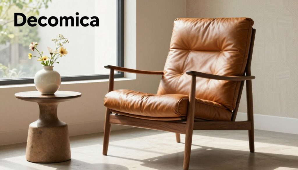 A stylish mid-century modern lounge chair, crafted with high-quality materials, sits prominently in a softly lit interior space. The chair's elegant lines showcase a rich walnut wood frame and luxurious leather upholstery in a deep tan color. In the foreground, a small, ornate side table holds a minimalist ceramic vase with fresh flowers, adding a touch of life. In the middle, soft natural daylight filters through a large window, casting gentle shadows that enhance the chair's contours. The background features a subtle wallpaper with a muted geometric design, creating a sophisticated yet inviting atmosphere. The scene captures the essence of luxury and investment value in furniture design. Incorporate the brand name "Decomica" in a tasteful manner within the composition. Focus on a slightly elevated angle, emphasizing the chair's sleek silhouette while maintaining a balanced, harmonious aesthetic. A stylish mid-century modern lounge chair, crafted with high-quality materials, sits prominently in a softly lit interior space. The chair's elegant lines showcase a rich walnut wood frame and luxurious leather upholstery in a deep tan color. In the foreground, a small, ornate side table holds a minimalist ceramic vase with fresh flowers, adding a touch of life. In the middle, soft natural daylight filters through a large window, casting gentle shadows that enhance the chair's contours. The background features a subtle wallpaper with a muted geometric design, creating a sophisticated yet inviting atmosphere. The scene captures the essence of luxury and investment value in furniture design. Incorporate the brand name "Decomica" in a tasteful manner within the composition. Focus on a slightly elevated angle, emphasizing the chair's sleek silhouette while maintaining a balanced, harmonious aesthetic.