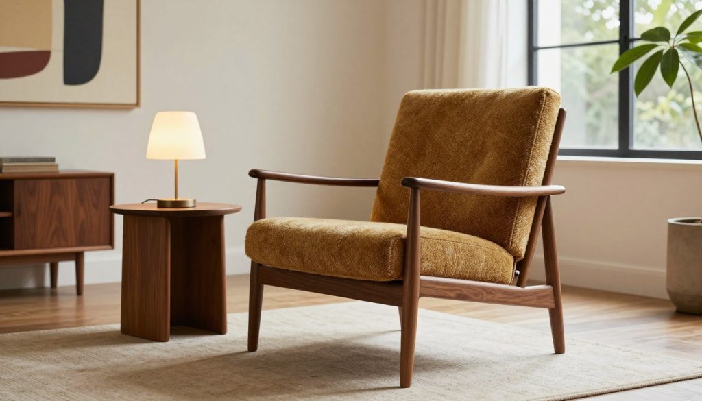 A stylish mid-century modern lounge chair stands prominently in the foreground, crafted from rich walnut wood with clean lines and vibrant, textured upholstery in earthy tones. The chair is complemented by a small, vintage side table featuring a minimalist design, holding a classic lamp with a warm glow. In the middle ground, a softly lit living space reveals an accent wall adorned with abstract art from the mid-20th century. The background showcases a large window bathing the scene in natural light, plants adding a touch of greenery. The atmosphere is cozy and inviting, evoking a sense of nostalgia and sustainability, highlighting the elegance of vintage furniture. The image embodies the essence of Decomica, emphasizing premium quality and timeless design.
