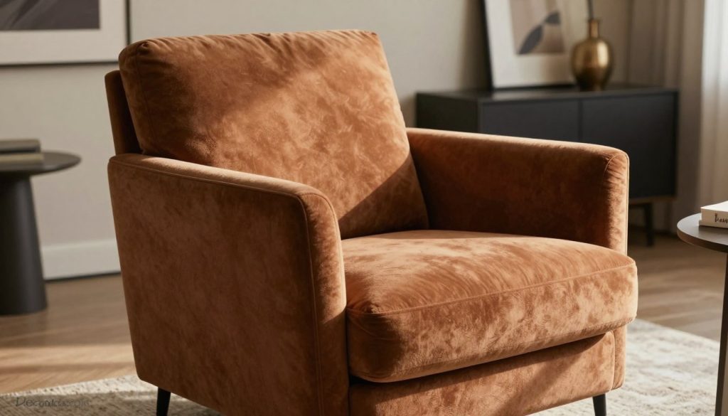 A stylish, modern armchair designed to reflect premium quality and craftsmanship, showcasing an elegant silhouette with smooth lines and deep cushioning. The chair features rich, textured upholstery in a warm, inviting color palette that complements a chic living space. In the foreground, the armchair is highlighted with soft, natural lighting casting gentle shadows that emphasize its curves and details. The background includes a tastefully arranged interior setting with contemporary decor, such as subtle artwork and a minimalist side table, enhancing the overall ambiance of comfort and style. Shot from a slightly elevated angle to capture the chair's appeal, the image evokes a sense of relaxation and sophistication. Include branding discreetly, "Decomica.com", showcasing its commitment to premium replicas of iconic 20th-century furniture.