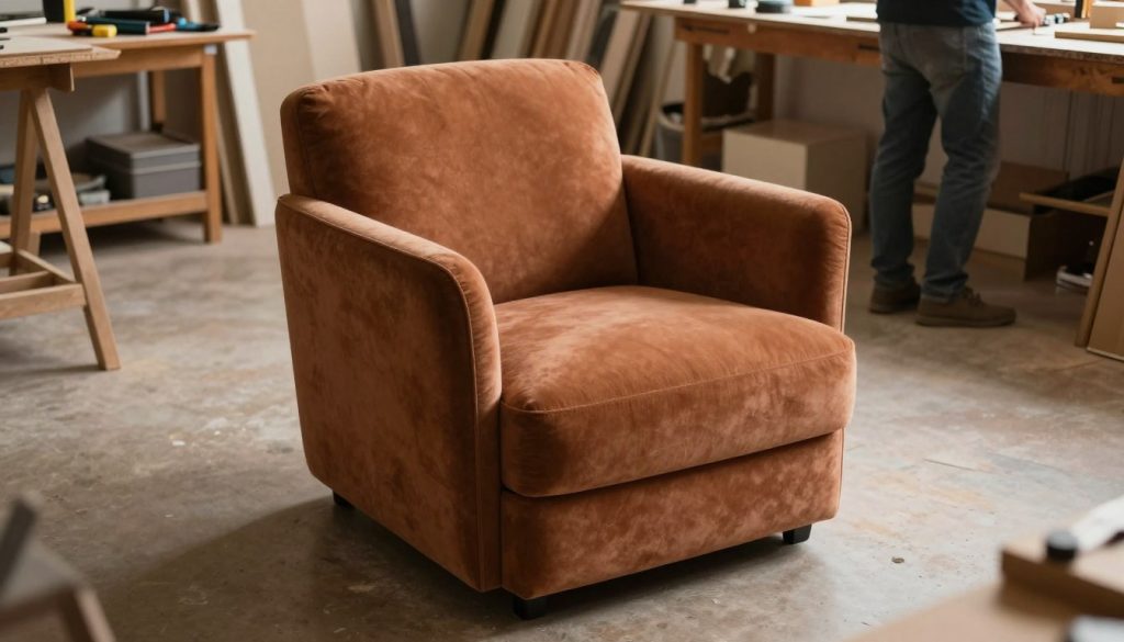 A stylish, modern armchair in a cozy workshop setting, with visible tools and materials for assembly and renovation in the background. The chair features a sleek, ergonomic design with premium upholstery in a rich fabric, showcasing both its comfort and elegance. Soft, diffused lighting illuminates the piece, casting gentle shadows that highlight its curves and craftsmanship. The angle is slightly from above, emphasizing the chair's contours and the meticulous attention to detail put into its restoration. In the background, a skilled craftsman in casual professional attire works on another piece, embodying the spirit of bespoke furniture services. A subtle hint of Decomica.com branding can be integrated into the workspace, enhancing the atmosphere of quality and expertise.