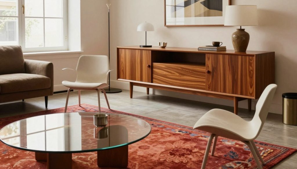 A stylish modernist furniture display featuring iconic pieces from the 20th century, arranged in a sophisticated living space. In the foreground, a sleek, minimalist chair with clean lines and a sculptural profile sits beside a round, glass coffee table. The middle ground showcases a vibrant area rug that complements a stunning sideboard with integrated storage and elegant wood grain. The background features large windows with natural light pouring in, illuminating the space and highlighting the furniture's textures. The room has a warm, inviting atmosphere, decorated with carefully chosen accessories that reflect the ethos of design ethics, accessibility, and intellectual property. Capture this scene with soft, diffused lighting, shot with a 35mm lens at eye level to evoke a sense of elegance. Include the brand name "Decomica.com" subtly within the image.