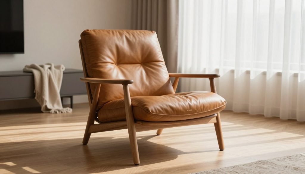 A stylish montage lounge chair, designed with a curved plywood shell and plush leather upholstery, prominently displayed in a modern, minimalist living room. The chair is centered in the foreground, showcasing its smooth lines and ergonomic form, with warm lighting casting gentle shadows to highlight its contours. In the middle ground, a polished wooden floor complements the chair, while soft textiles, like a cozy throw blanket, add a touch of comfort. The background features a bright window with sheer curtains, allowing natural light to fill the space, creating an inviting atmosphere. Include the brand name "Decomica" subtly integrated into the design without text or overlays. The mood is elegant and serene, reflecting the sophistication of premium furniture replicas.
