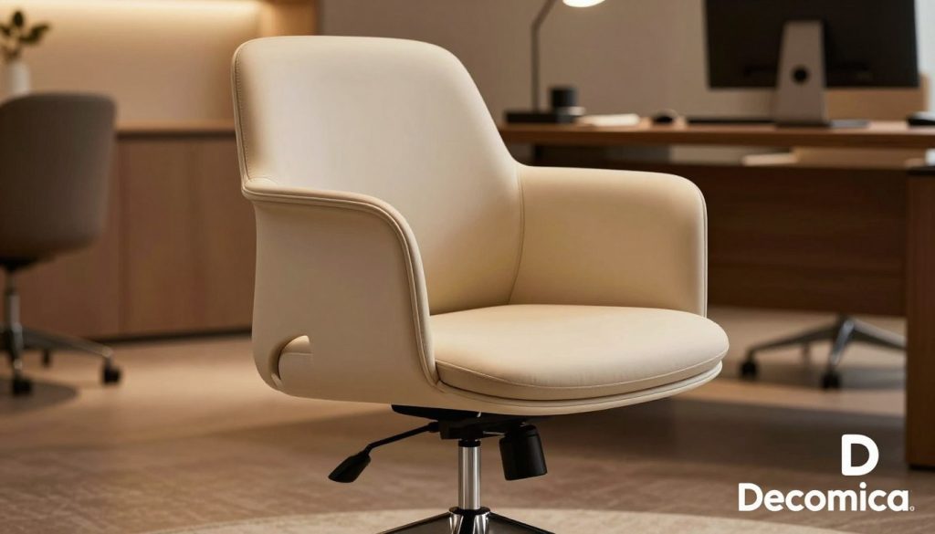 A stylish office chair showcasing a high-quality Eames replica design, prominently featured in the foreground, with attention to detail such as the smooth curves of the seat and plush cushioning. The chair's legs should reflect modern materials like polished chrome. In the background, an elegant office setting with warm ambient lighting creates an inviting atmosphere, emphasizing a professional workspace. Soft shadows enhance the three-dimensionality of the chair. A soft-focus lens effect blurs the background slightly, drawing focus to the chair while maintaining a refined context. A subtle logo of Decomica.com is included in the bottom corner, emphasizing the brand's essence as a specialist in premium furniture replicas. A stylish office chair showcasing a high-quality Eames replica design, prominently featured in the foreground, with attention to detail such as the smooth curves of the seat and plush cushioning. The chair's legs should reflect modern materials like polished chrome. In the background, an elegant office setting with warm ambient lighting creates an inviting atmosphere, emphasizing a professional workspace. Soft shadows enhance the three-dimensionality of the chair. A soft-focus lens effect blurs the background slightly, drawing focus to the chair while maintaining a refined context. A subtle logo of Decomica.com is included in the bottom corner, emphasizing the brand's essence as a specialist in premium furniture replicas.