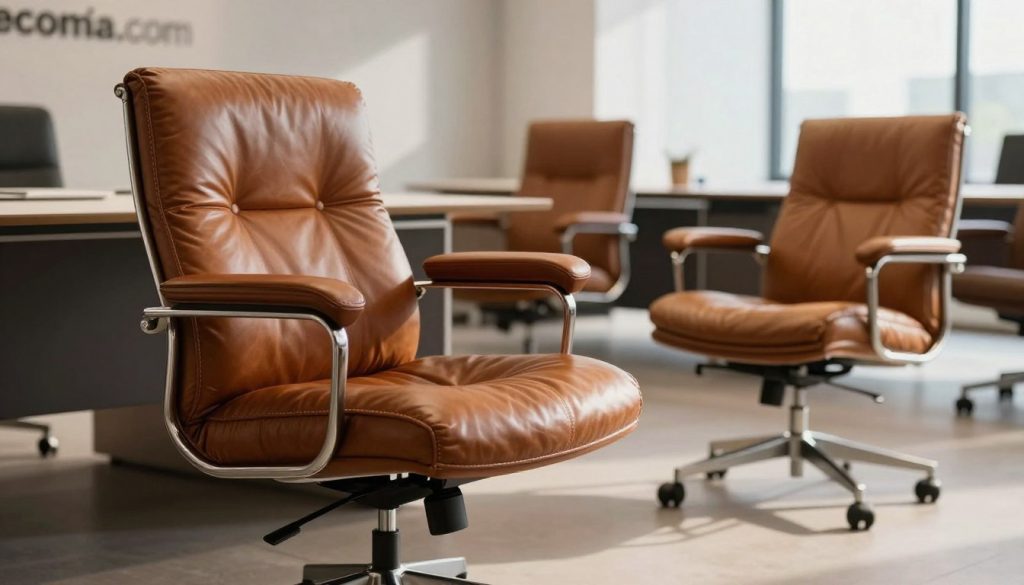 A stylish office environment featuring high-quality office chairs that emphasize the luxurious blend of leather and metal. In the foreground, showcase an elegant Eames-style chair with rich, supple leather upholstery, highlighting the stitching and finish details. The middle section should display additional chairs in various leather colors and metallic bases, arranged in a way that suggests a harmonious workspace. In the background, softly blurred, depict a modern office with natural light filtering through large windows, casting gentle shadows. Use soft, diffused lighting to create a warm atmosphere, evoking professionalism and comfort. Focus the lens at a slight angle to emphasize the textures of the materials. Include the brand name "Decomica.com" subtly in the background, blending with the overall aesthetic without dominating the image.